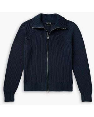 Tom Ford Slim-Fit Ribbed Silk And Cotton-Blend Zip-Up Cardigan - Blue