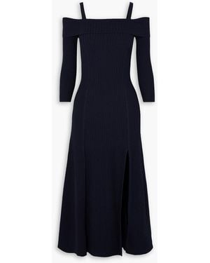 Ganni Cold-shoulder Ribbed-knit Midi Dress - Blue