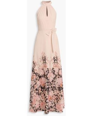 Mikael Aghal Belted Floral-Print Chiffon Maxi Dress - Pink