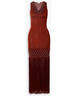 Rabanne Fringed Embellished Crochet Maxi Dress - Red