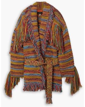 Alanui Fringed Belted Striped Cotton-blend Cardigan - Brown