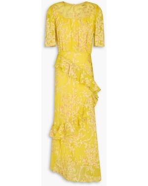 Saloni Vida Ruffled Fil Coupé Silk-Blend Floral-Jacquard Maxi Dress - Yellow