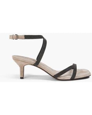 Brunello Cucinelli Bead-Embellished Suede Sandals - Gray