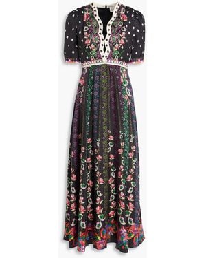 Saloni Tabitha Printed Silk-Satin Jacquard Midi Dress - Black