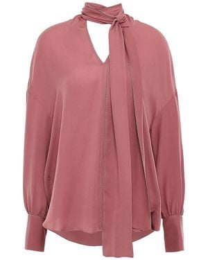 Brunello Cucinelli Tie-neck Bead-embellished Silk Crepe De Chine Blouse - Pink
