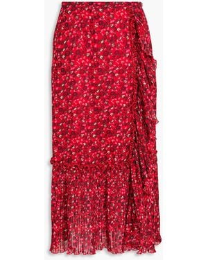 Ganni Pleated Floral-print Crepe Midi Skirt - Red