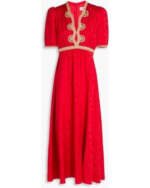 Saloni Crochet-Trimmed Silk-Jacquard Midi Dress - Red