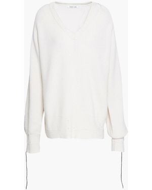 Helmut Lang Cutout Distressed Ribbed Cotton, Wool And Cashmere-Blend Sweater - White