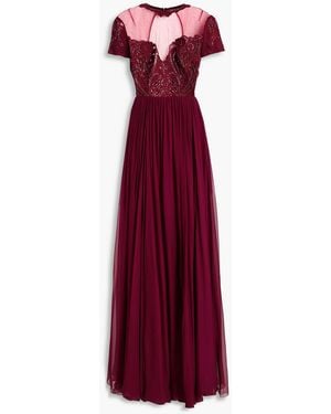 Zuhair Murad Embellished Tulle-paneled Silk-blend Chiffon And Crepe De Chine Gown - Red