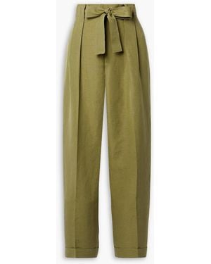 Lafayette 148 New York Waverly Belted Silk And Linen-blend Tapered Trousers - Green