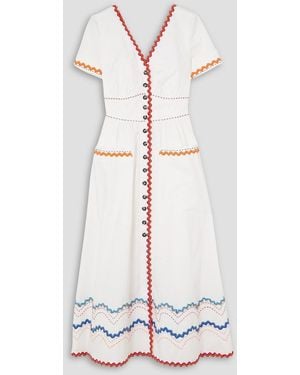 Saloni Luella Rick Rack-trimmed Embroidered Cotton-blend Poplin Midi Dress - White