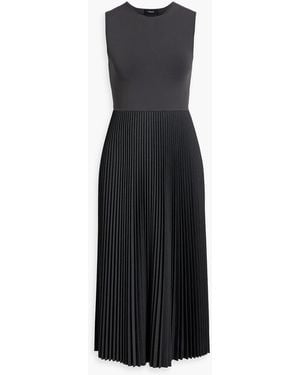 Theory Pleated Flannel And Stretch-Knit Midi Dress - Black