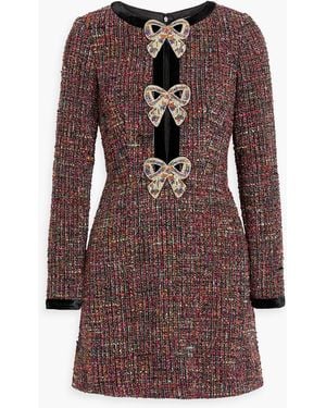 Saloni Camille Embellished Velvet-trimmed Tweed Mini Dress - Brown