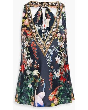 CAMILLA Crystal-Embellished Printed Silk-Twill Top - White