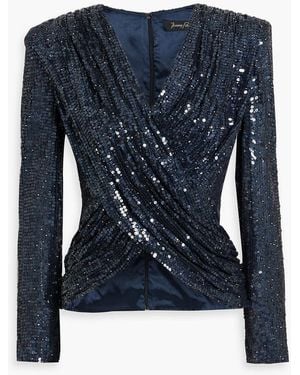 Jenny Packham Dazzle Dream Draped Sequined Tulle Top - Blue