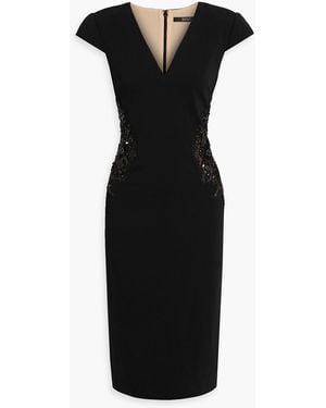 Badgley Mischka Embellished Tulle-Paneled Crepe Midi Dress - Black
