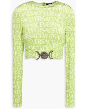 Versace Cropped Printed Stretch-Velvet Top - Green