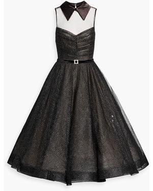 Bronx and Banco Charlotte Belted Glittered Tulle Midi Dress - Black