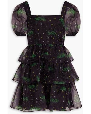 HVN Mimi Tiered Printed Organza Mini Dress - Black
