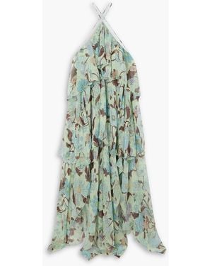 Stella McCartney Ruffled Floral-print Silk-chiffon Halterneck Maxi Dress - Green