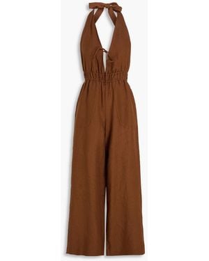 Casa Raki Iris Open-Back Linen Halterneck Wide-Leg Jumpsuit - Brown