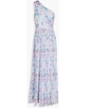 Mikael Aghal One-shoulder Pleated Printed Chiffon Maxi Dress - Blue