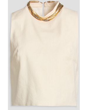 Sandro Cropped Embellished Linen-blend Twill Top - Natural