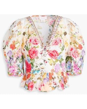 CAMILLA Floral-Print Embellished Cotton Top - White