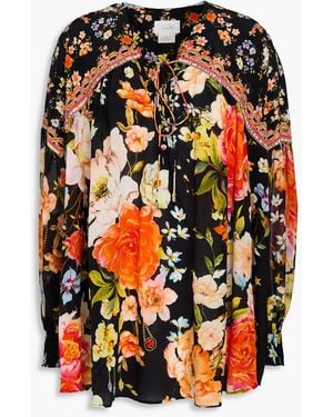CAMILLA Crystal-Embellished Floral-Print Silk Crepe De Chine And Chiffon Blouse - Orange