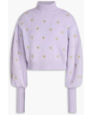 FARM Rio Cropped Metallic Embroidered Knitted Turtleneck Jumper - Purple