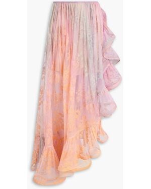 Zimmermann Asymmetric Ruffled Floral-Print Lace Maxi Skirt - Pink