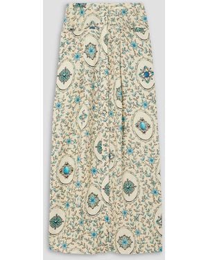 Agua Bendita Embellished Printed Linen Maxi Skirt - White