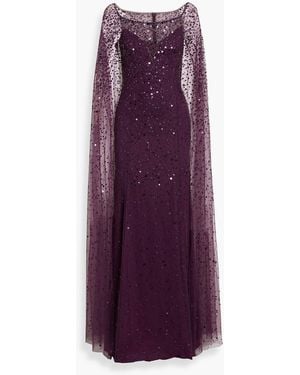 Jenny Packham Roman Cape-Effect Embellished Tulle And Crepe Gown - Purple