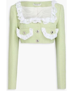 Alessandra Rich Cropped Embellished Houndstooth Wool-blend Tweed Jacket - Green