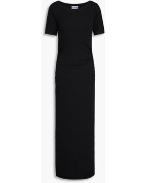 Ganni Ruched Cotton-Jersey Midi Dress - Black