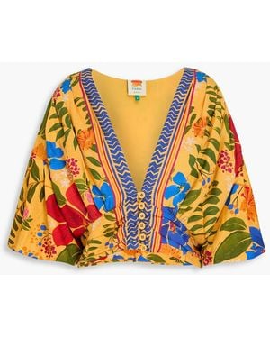FARM Rio Cropped Floral-Print Linen-Blend Top - Orange
