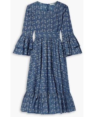BATSHEVA Laura ashley waverly midikleid aus baumwollpopeline mit blumenprint und rüschen - Blau