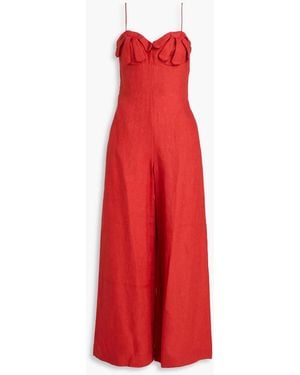 FARM Rio Floral-appliquéd Linen Wide-leg Jumpsuit - Red