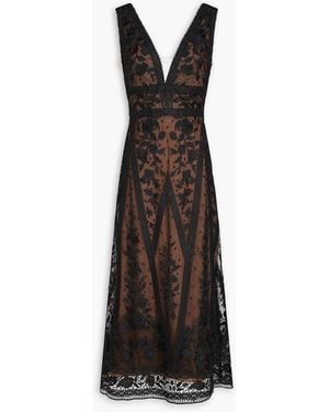 Marchesa Tulle-Trimmed Guipure Lace Midi Dress - Black