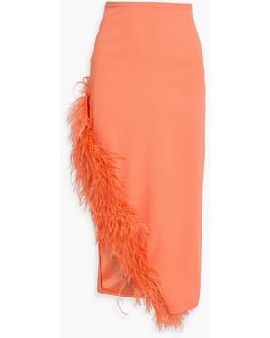 LAPOINTE Feather-Trimmed Crepe Midi Skirt - Orange