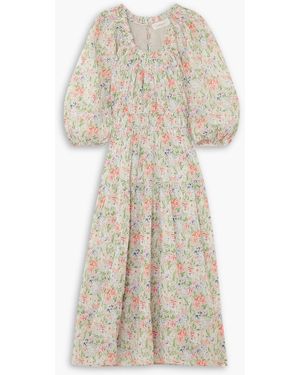 The Great The Moonstone Gathered Floral-print Cotton Midi Dress - Natural