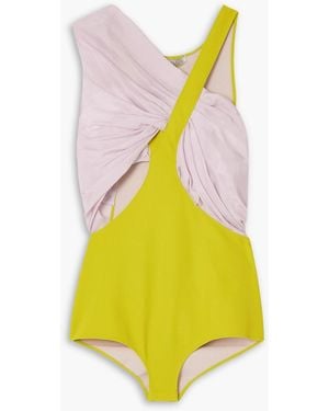 Nina Ricci Gathered Silk-satin And Scuba Bodysuit - Yellow