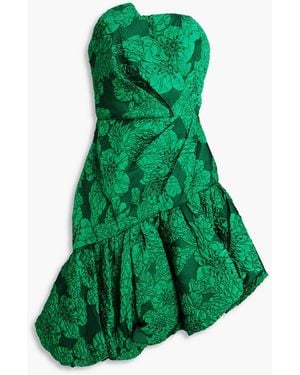 Marchesa Strapless Draped Cloqué Mini Dress - Green