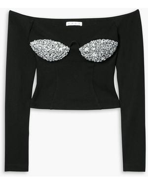Area Off-the-shoulder Crystal-embellished Ponte Top - Black