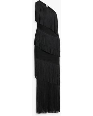 Hervé Léger Eleanor One-Shoulder Fringed Bandage Gown - Black