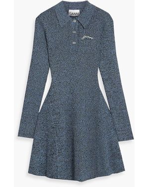 Ganni Marled Ribbed-knit Mini Shirt Dress - Blue