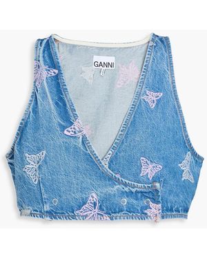 Ganni Cropped Embroidered Denim Top - Blue