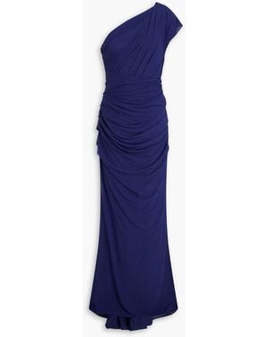 Talbot Runhof One-shoulder Draped Stretch-mesh Maxi Dress - Blue