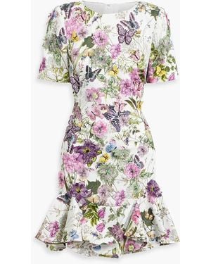 Badgley Mischka Floral-Appliquéd Printed Twill Mini Dress - White
