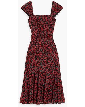 Mikael Aghal Ruched Floral-print Chiffon Midi Dress - Red